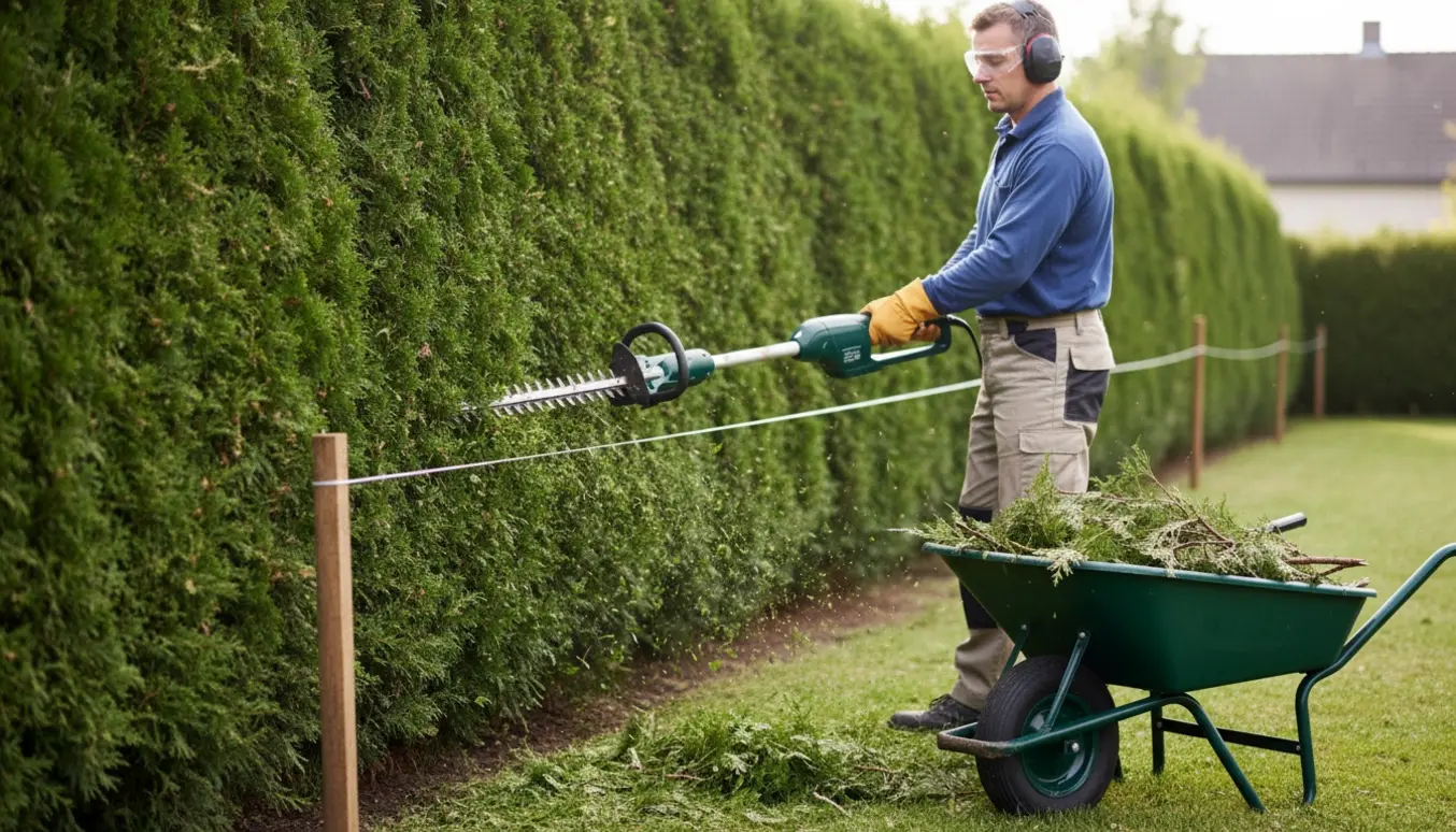 En fagperson trimmer en lang tujahæk med en langhånds hækklipper, synlige afklip i en trillebør og en markeret lige top.
