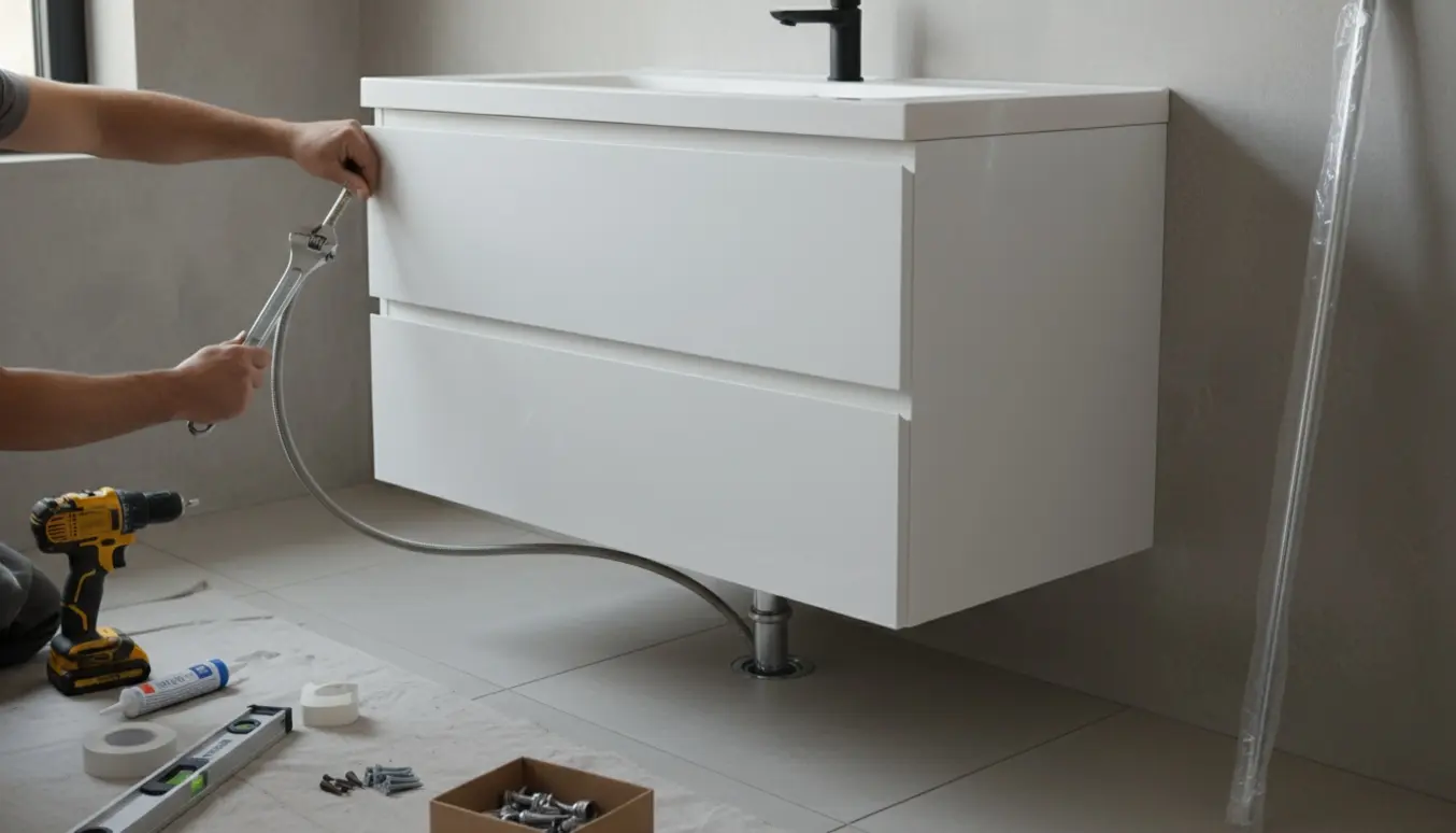 Hænder forbinder vandrør og afløb til et bredt vaskeskab foran en silkecementvæg.
