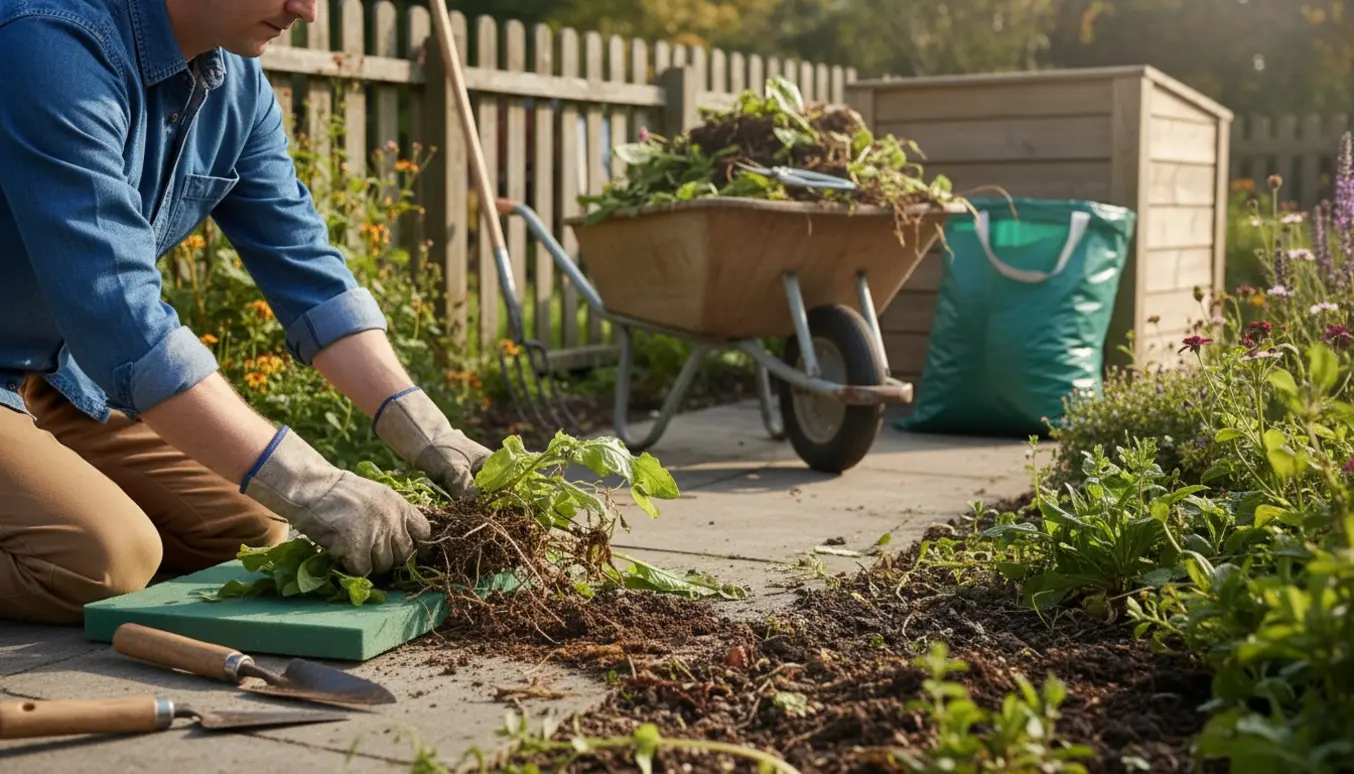 Hænder trækker ukrudt op fra en blomsterbed med haveværktøj og en fyldt haveaffaldssæk i baggrunden.