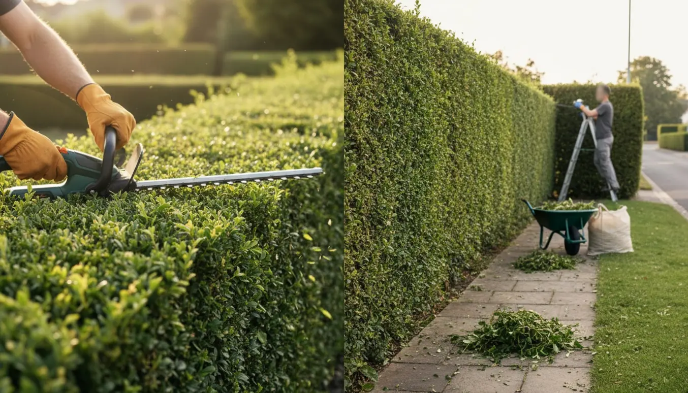 En havearbejder trimmer en lang hæk med hækkeklipper, friske kviste og en trillebør i baggrunden.