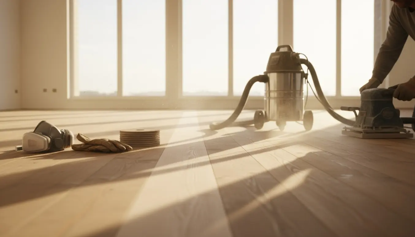 Tom, solbeskinnet stue i et umøbleret hus med en gulvsliber og nyslebne trægulvbrædder.