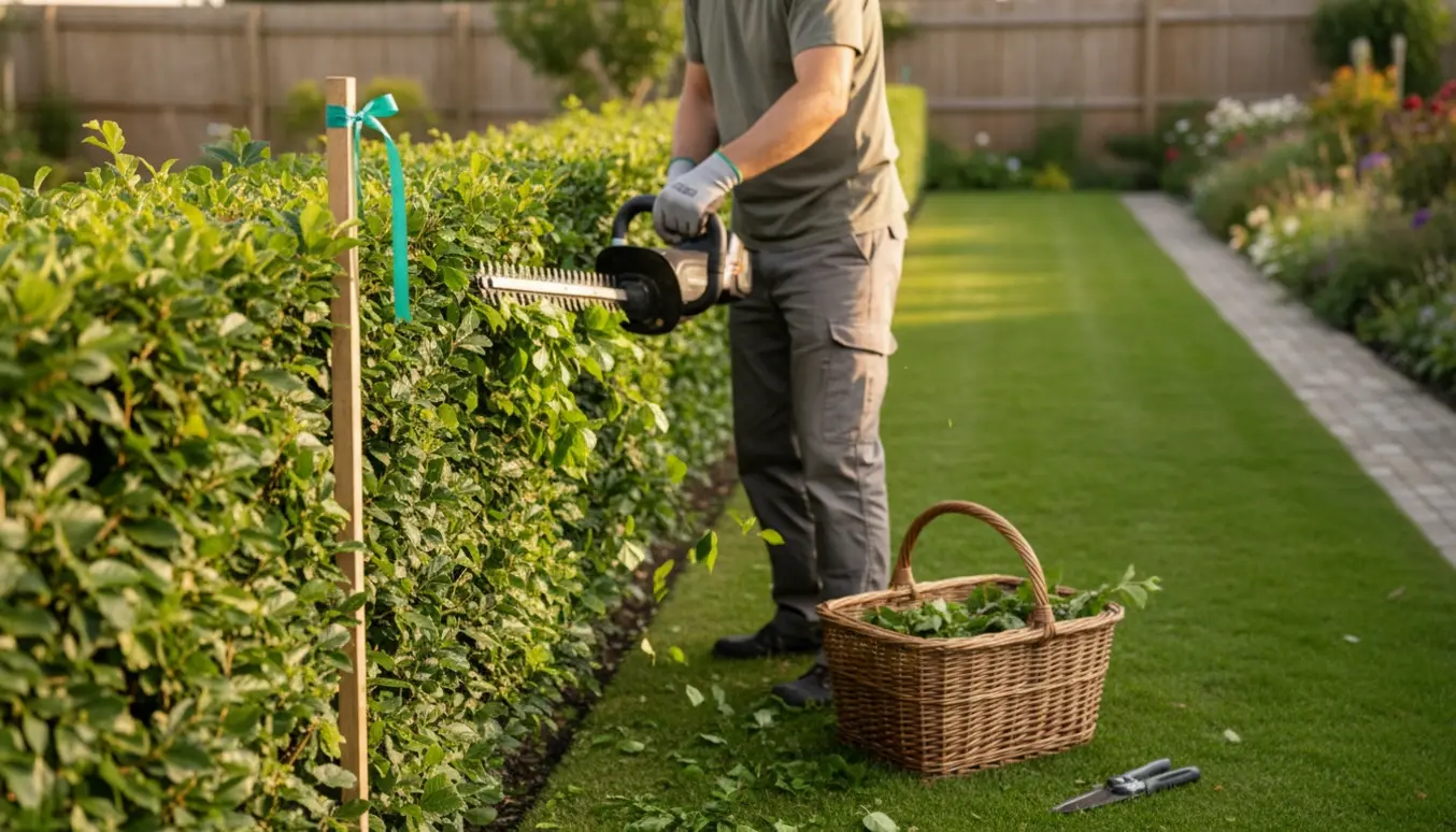 En beskærer klipper en bøgehæk til en markeret højde med en batteridrevet hækkeklipper i en privat have.