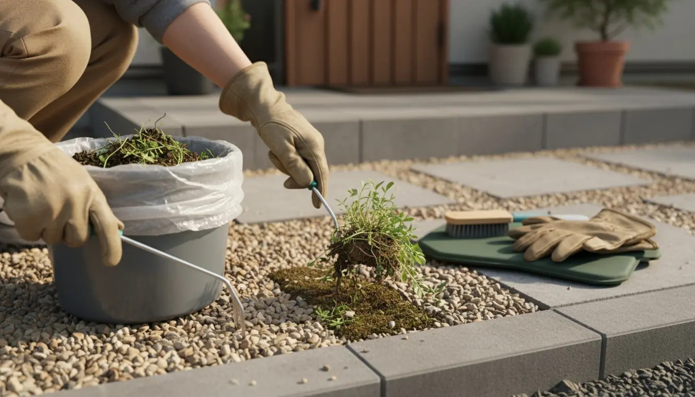 Hænder i handsker fjerner ukrudt fra et lille grusbed og mellem fliser med håndredskaber.
