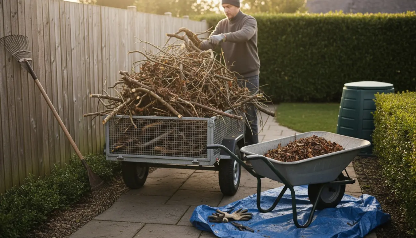 Lille åben trailer fyldt med grene og blade i en baghave, mens en person læsser haveaffald med synligt værktøj og handsker.