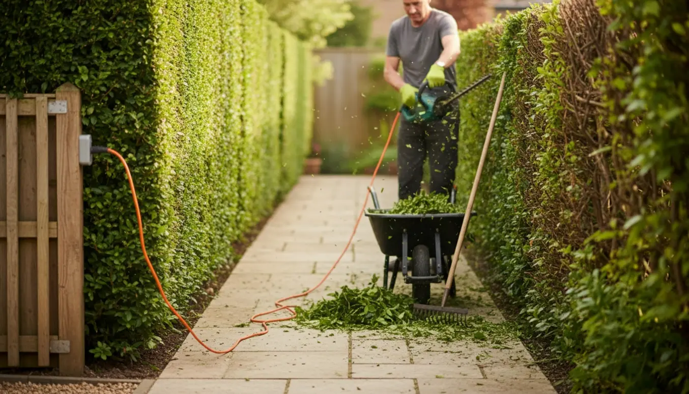 Elektrisk hækkeklipper i brug langs en lang havehæk med nyrensede sider og en bunke af klippede grene.