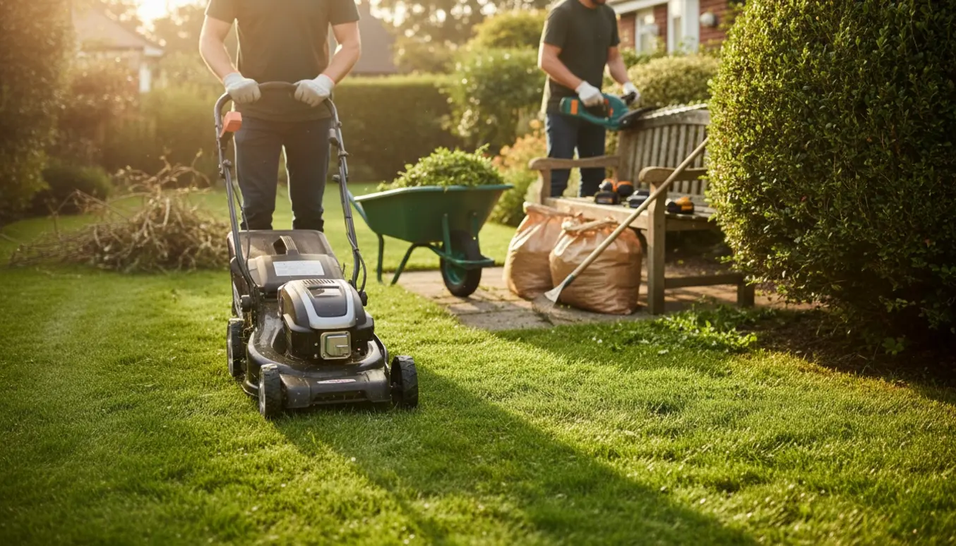 Personer slår græs og klipper hæk i en solbeskinnet forhave med en trillebør fuld af hækafklip.