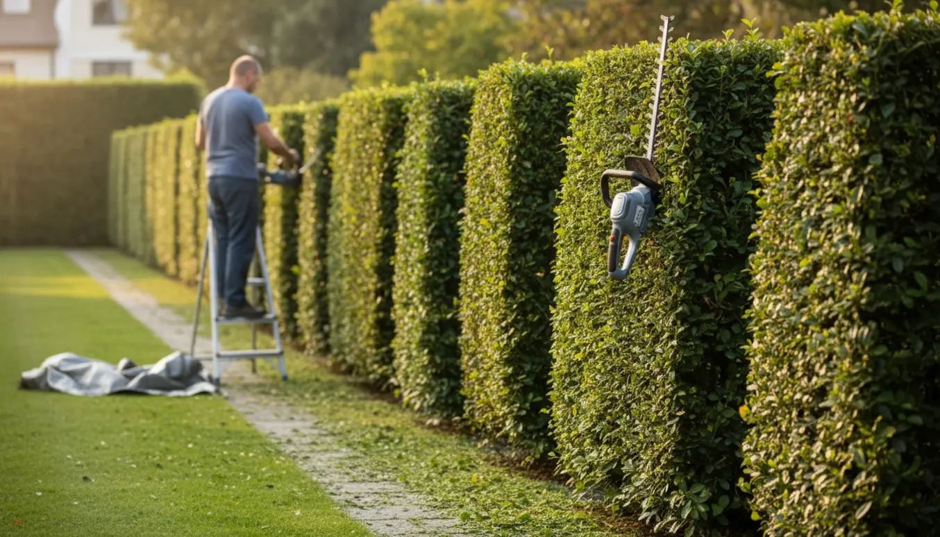 Lang, nyklippet hæk på ca. 50 meter med en hækklipper og en person set bagfra.