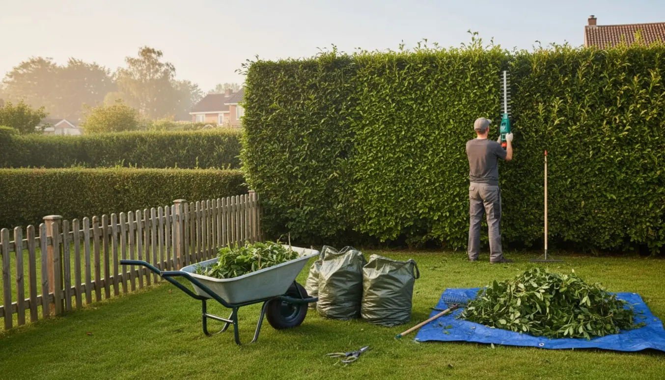 Hæk klippes med en lang række motorsakse og afklip samles i trillebør og haveposer ved en nemt tilgængelig have.
