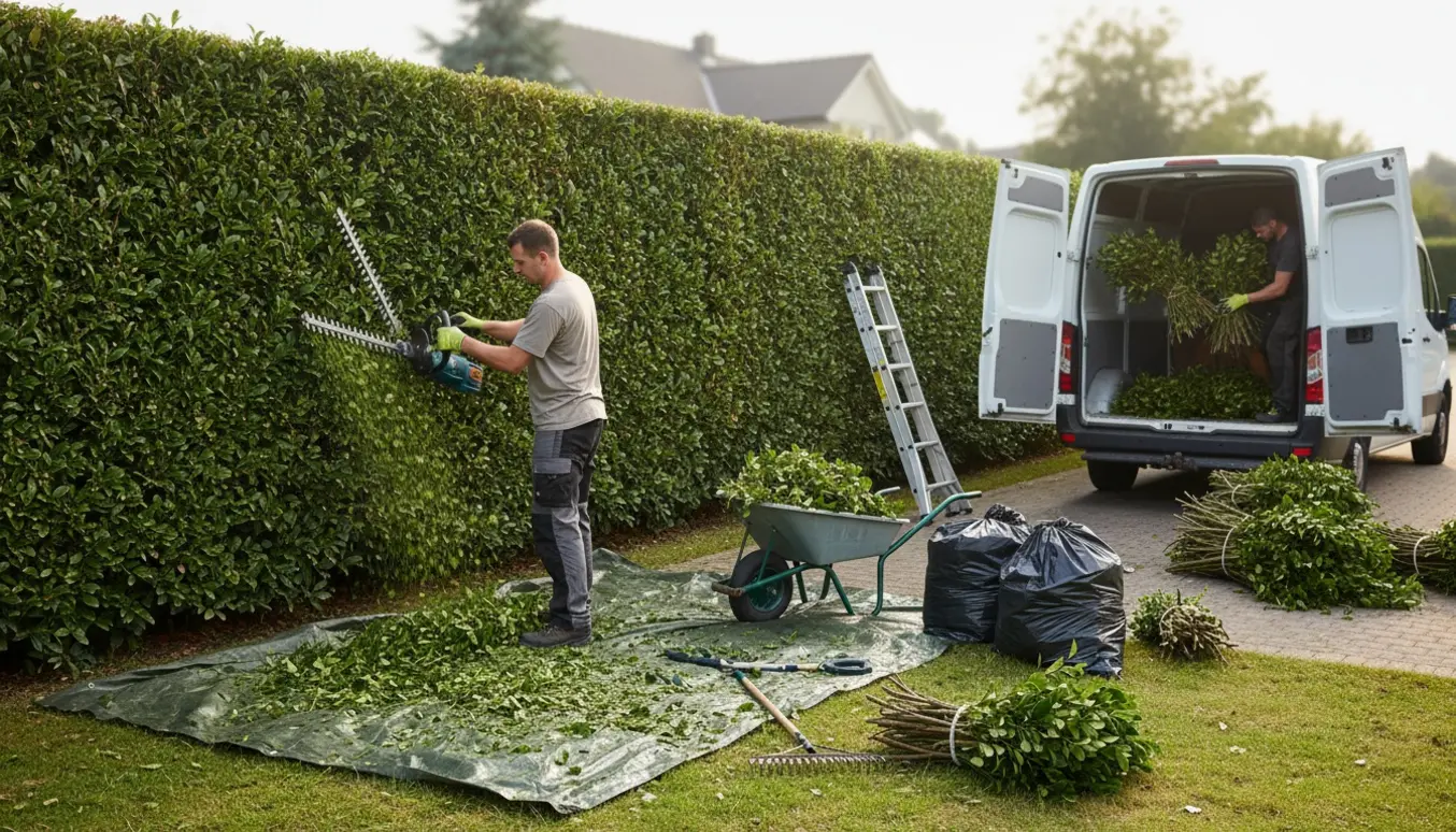 Lang hæk bliver klippet, afklip samlet i trillebør og sække klar til bortskaffelse.