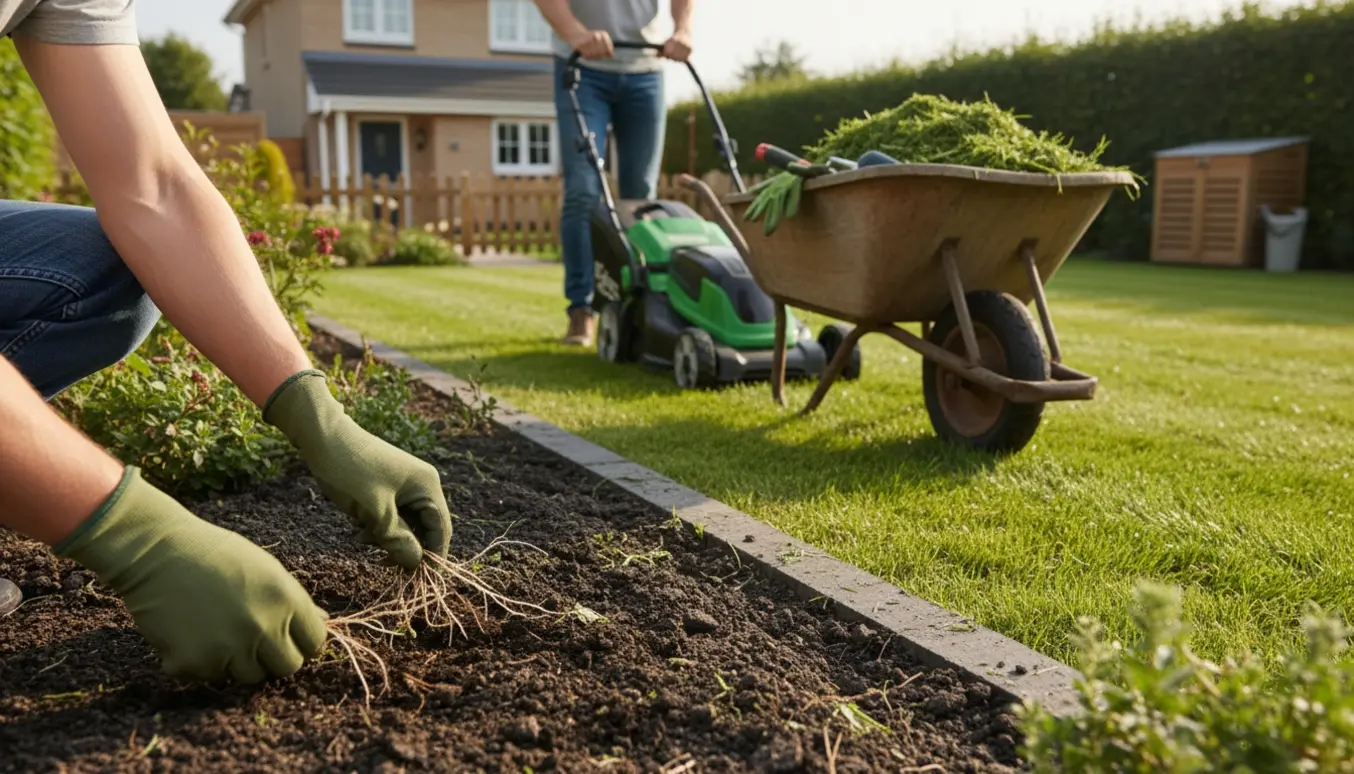 Græsslåning og lugning i en velplejet baghave med en plæneklipper, trillebør med græsafklip og hænder, der luger et blomsterbed.