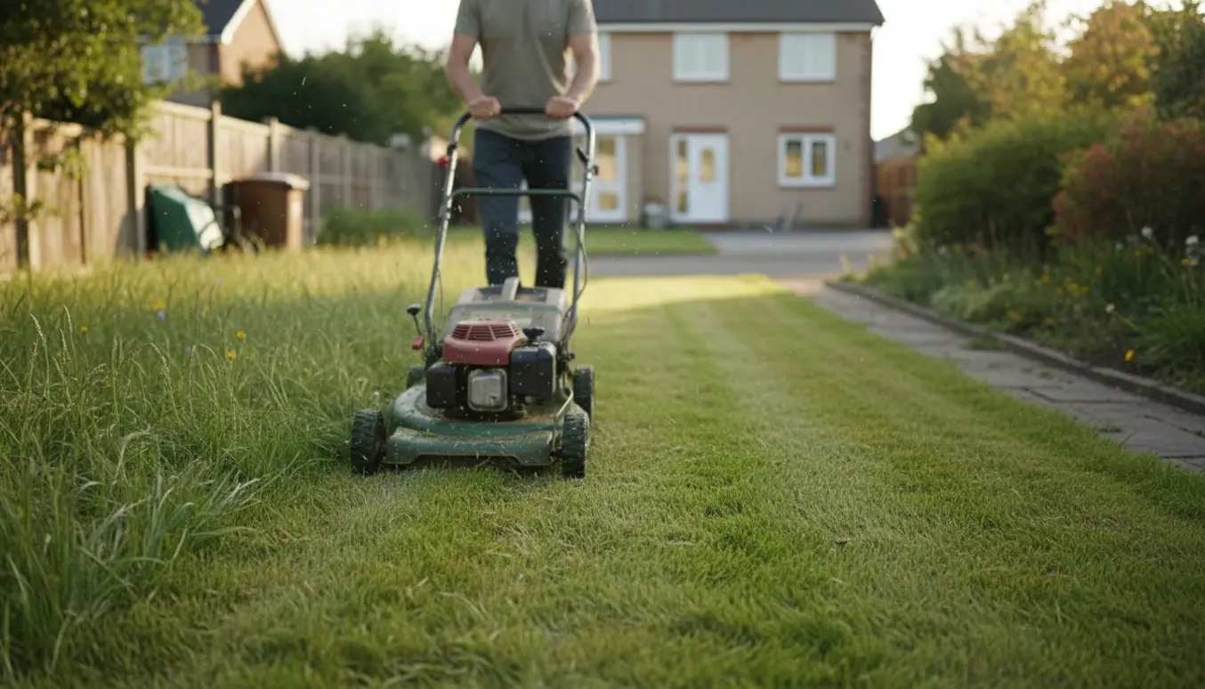 Person set bagfra slår højt græs i en lille for- og baghave med en privat plæneklipper.