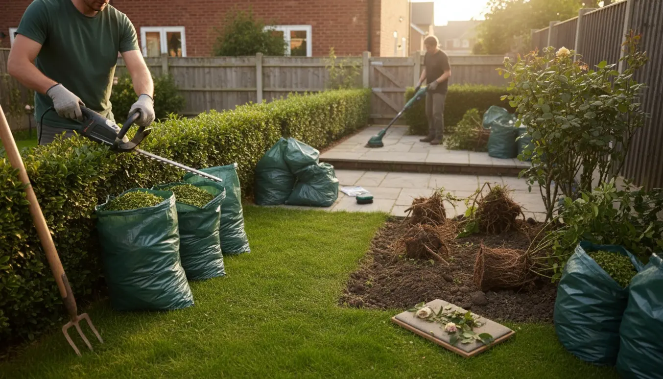 Rækkehushave med klippet ligusterhæk, sække med afklip, lugning mellem fliser og opgravede buske klar til fjernelse.