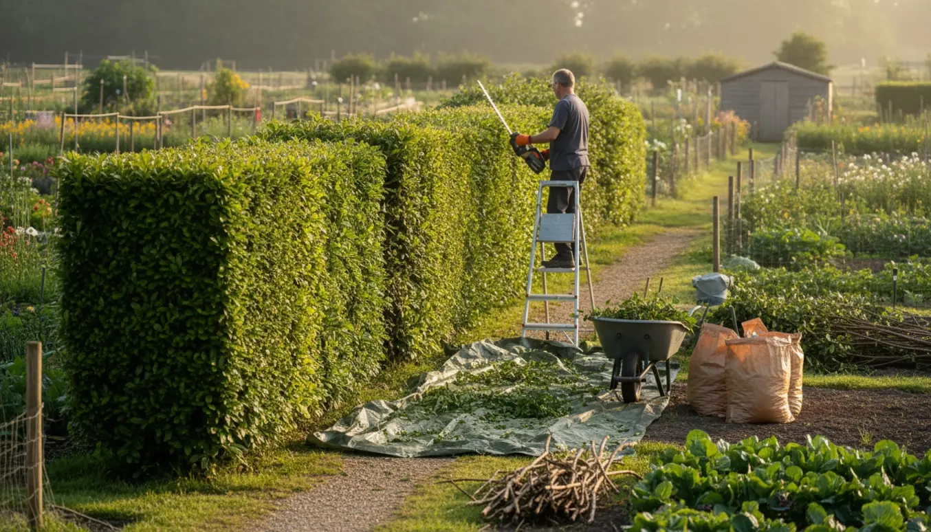 En person trimmer en brysthøj hæk i en kolonihave, og afklip samles i en trillebør klar til bortkørsel.