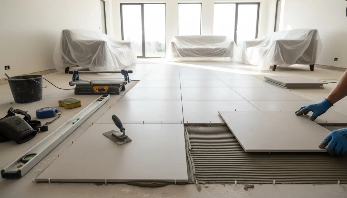Hænder lægger nye gulvfliser i en lys, rummelig stue med værktøj og materialer ved siden af.