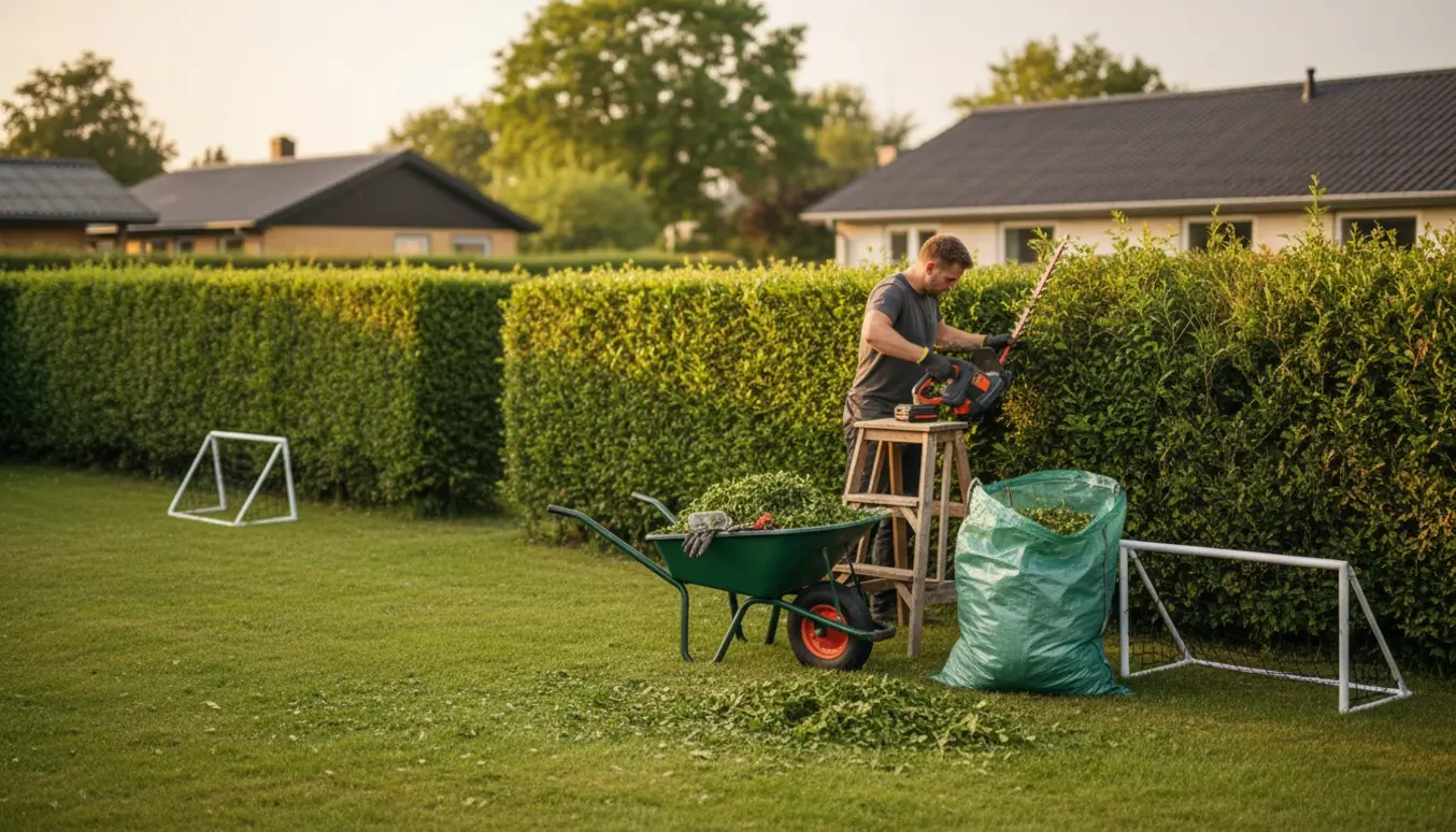 Ligusterhæk bliver klippet i en forstadshave med små fodboldmål på græsset og grønne afklip samlet i en trillebør.