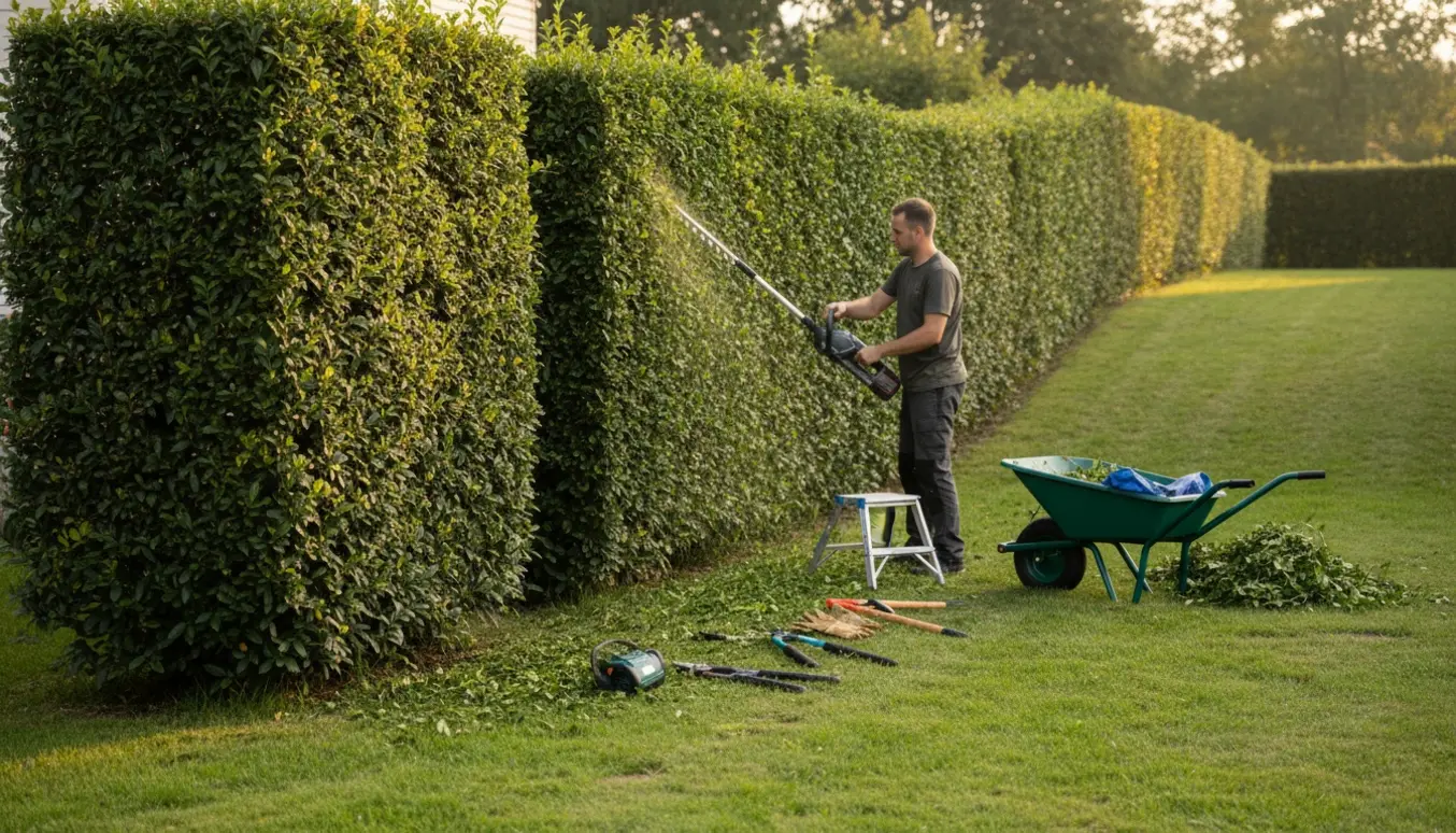 Ligusterhæk på cirka to meter bliver klippet med trimmer og haveredskaber i en solrig villahave.