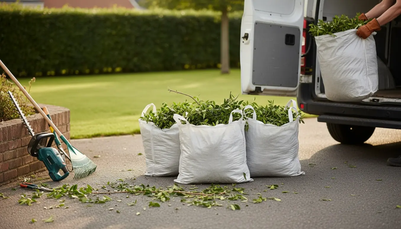 Tre store sække med hækafklip ved en åben varevogn klar til afhentning.