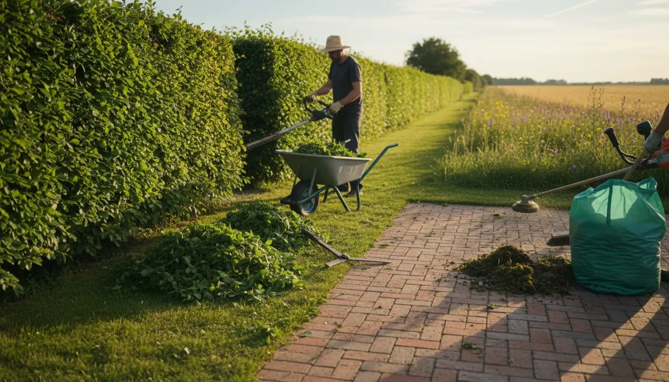 En person klipper en lang bøgehæk ved en murstensbelagt terrasse og rydder højt ukrudt mod marken.