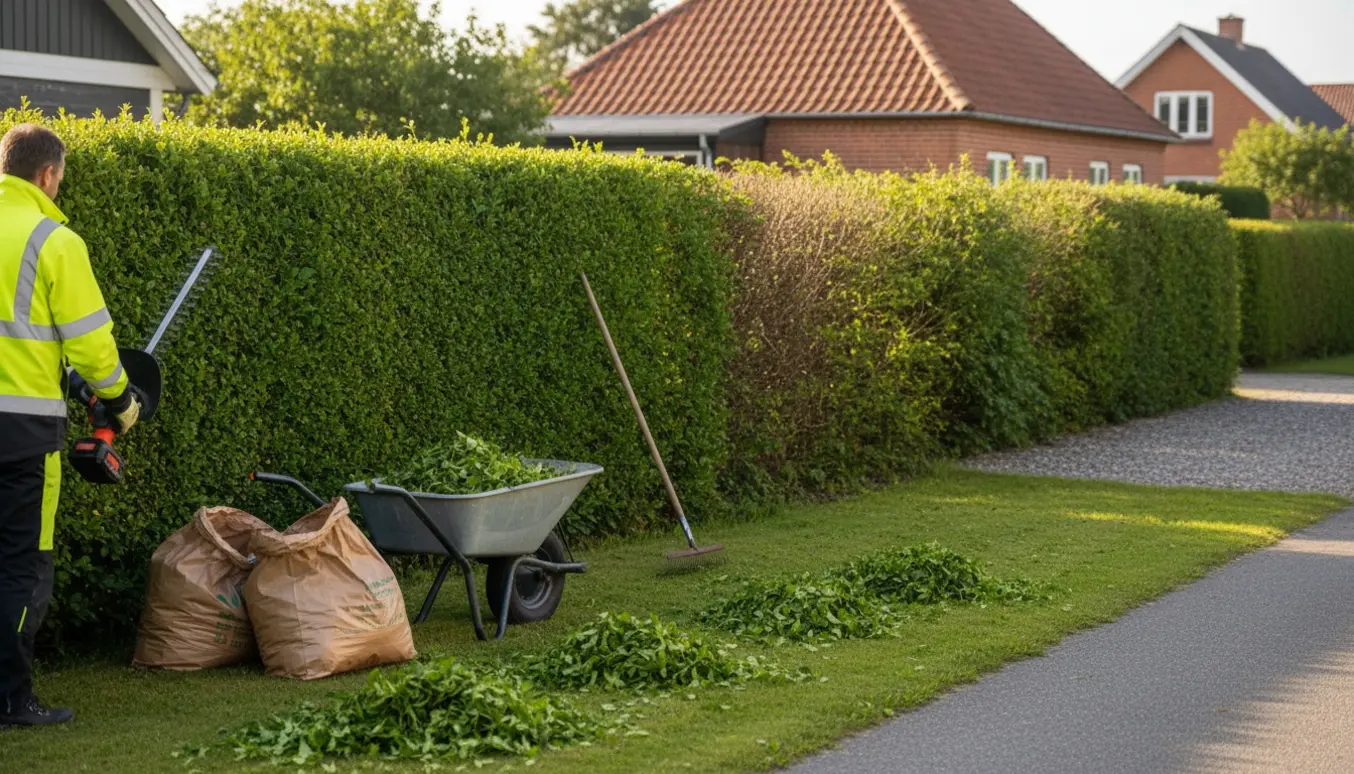 Lang hæk i et dansk villakvarter bliver professionelt klippet, og hækaffald samles i trillebør.