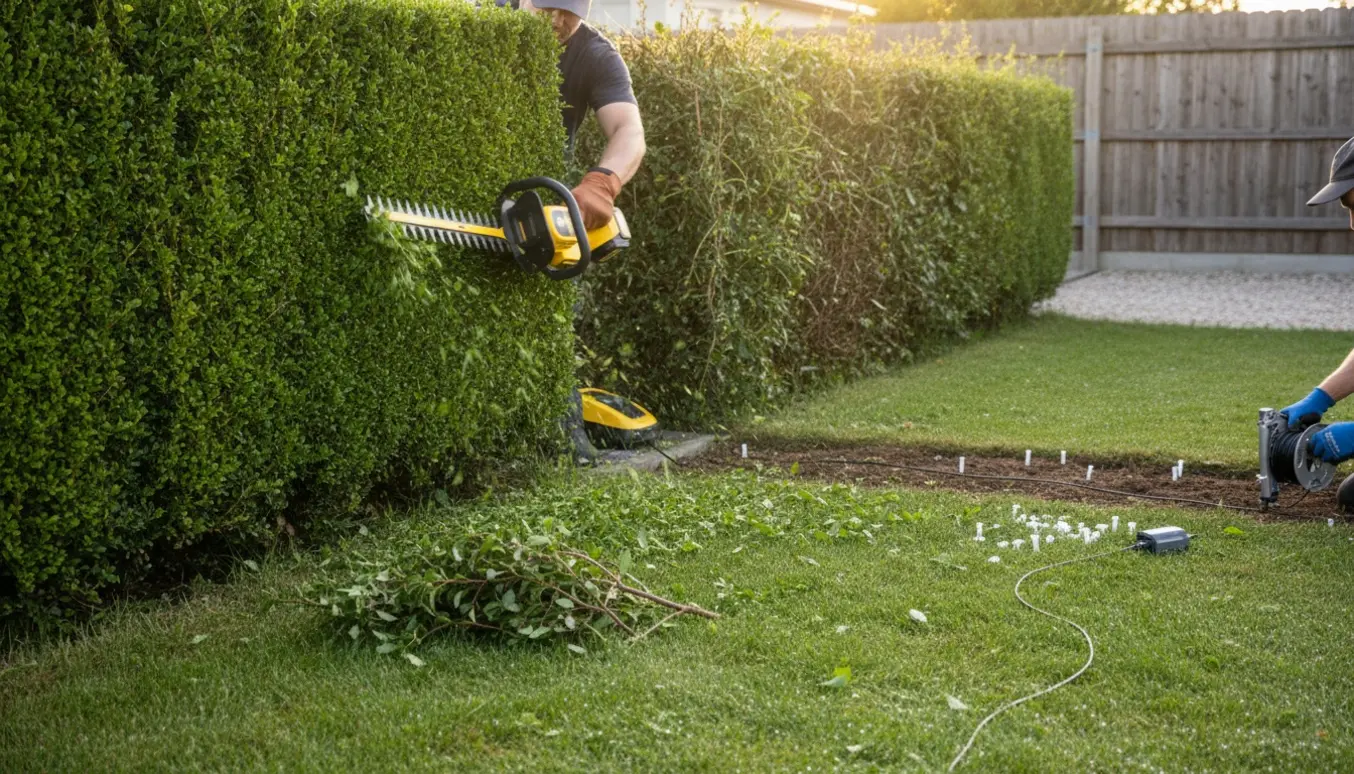 Halvklippet hæk på en hjørnegrund med hækkeklipper og installation af kantledning til robotplæneklipper.