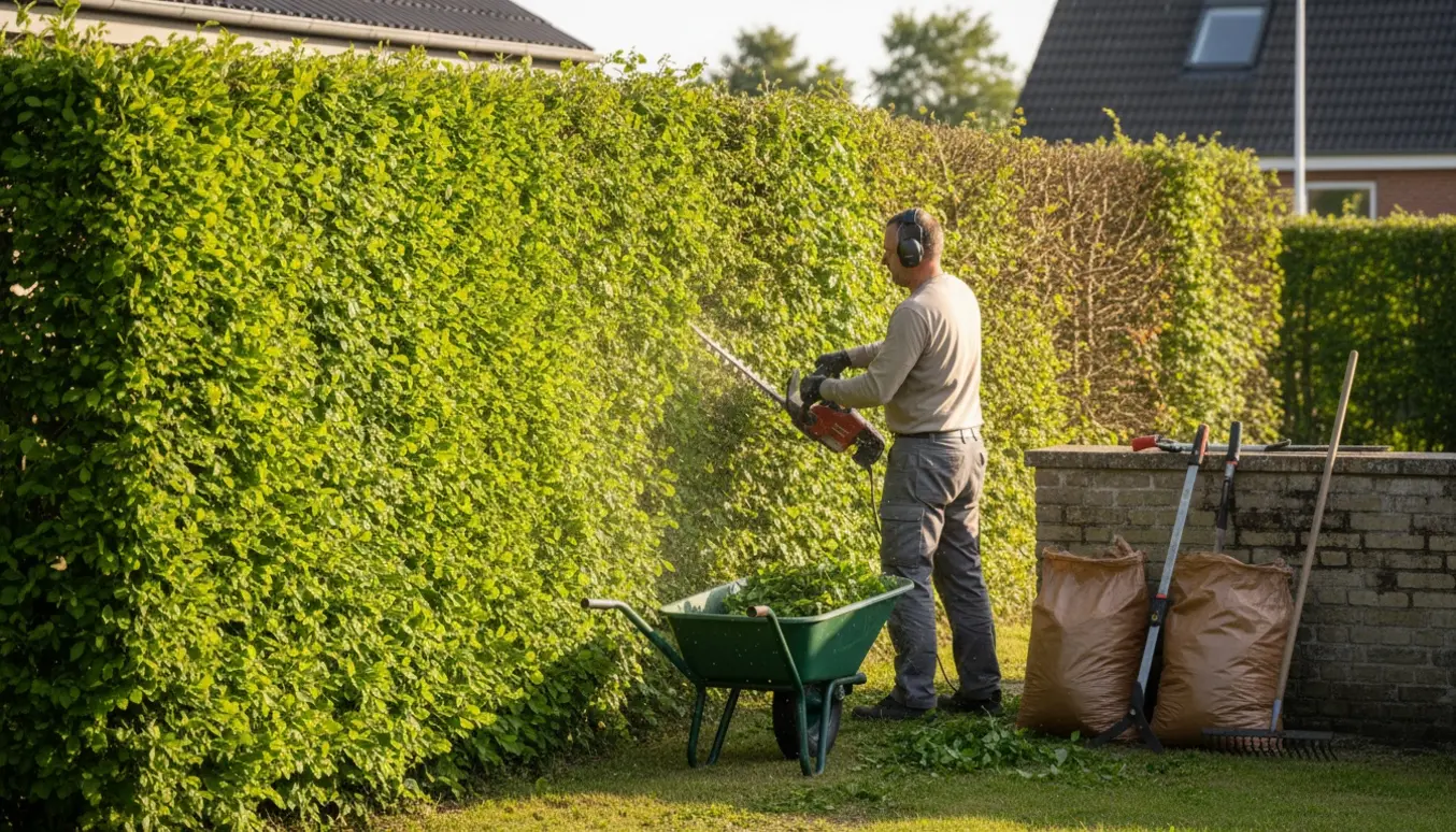 En person trimmer en ca. 2 m høj bøgehæk ved en forstadsejendom med opsamlet haveaffald i en trillebør.