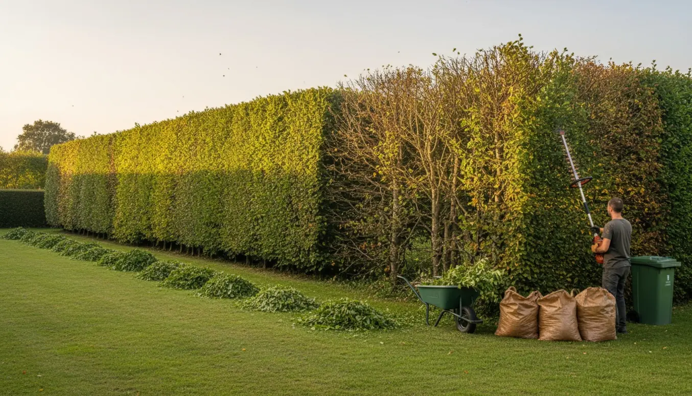Hækkeklipning af stor bøgehæk på hjørnegrund med nyklippede bunker og trimmer i brug.