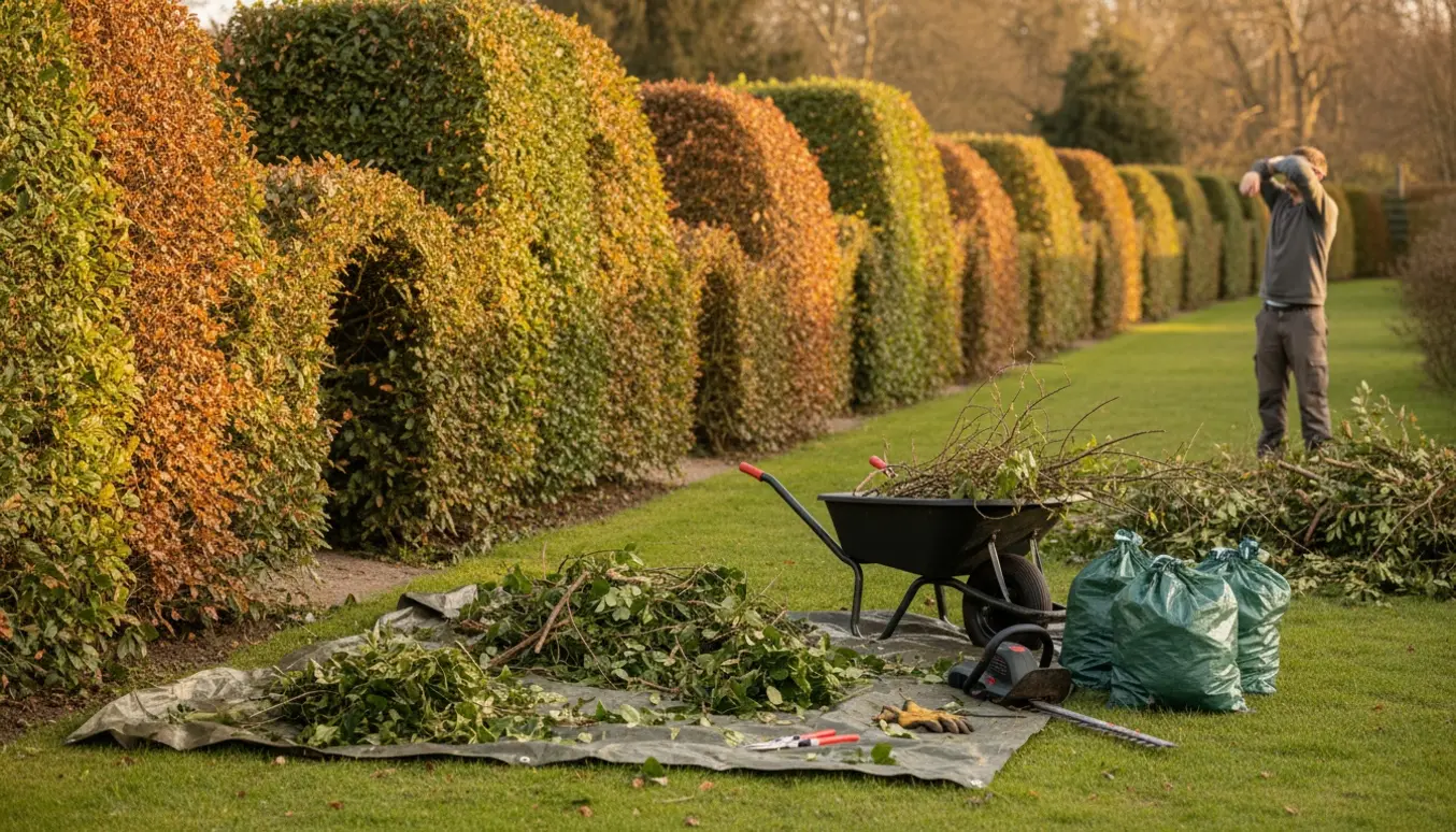 Nyklippet blandet bøge- og ligusterhæk med afklip samlet i trillebør og på presenning.
