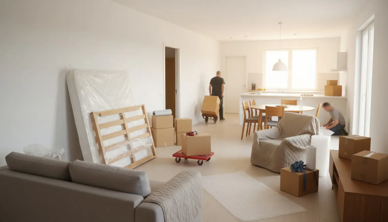 Rækkehusets stue og køkkenalrum med hjørnesofa, seng, spisebord, TV-bænk og flyttekasser klar til fraflytning.