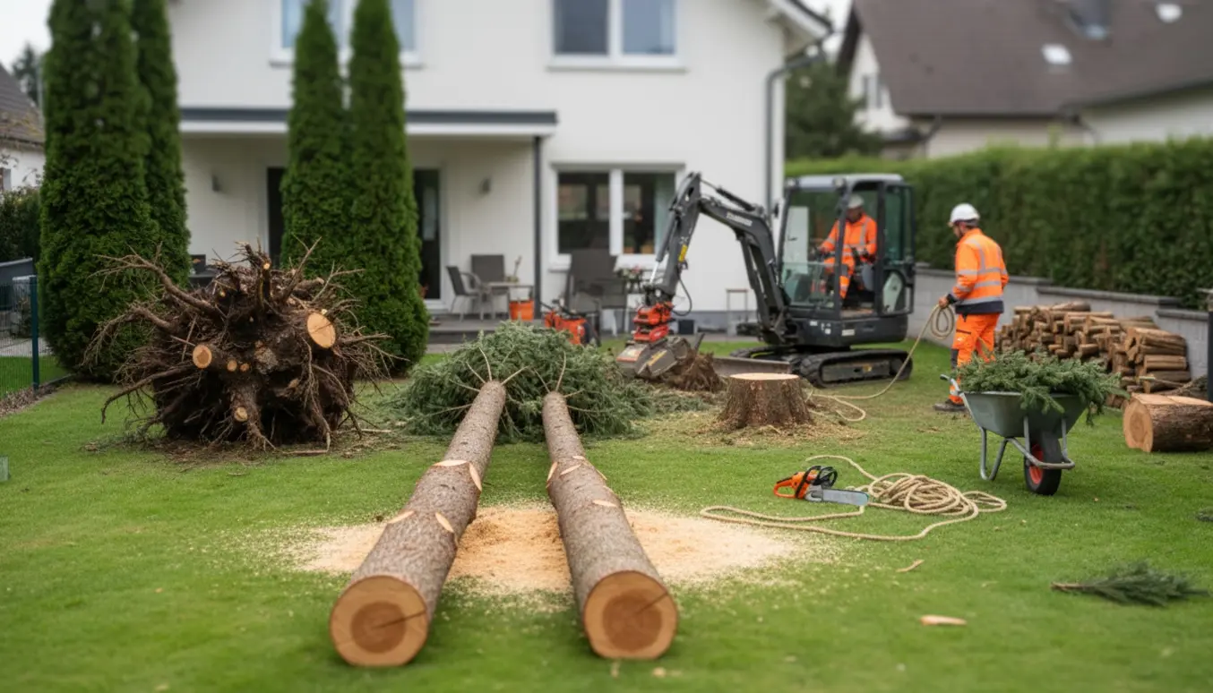 Fire slanke grantræer ved et hus under fældning, to med rødder fjernet og to med stubbe tilbage.