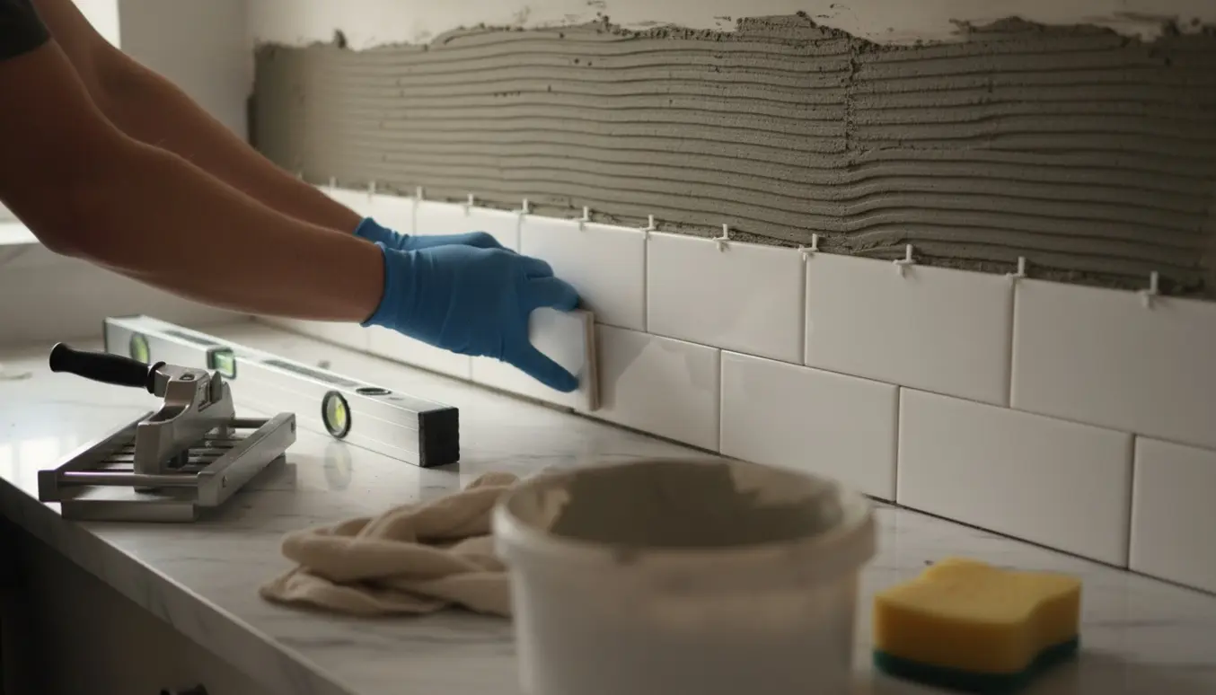 Hænder sætter hvide subway-fliser op som køkkenbagglas med fliseklæb, flisekryds og værktøj i nærbillede.