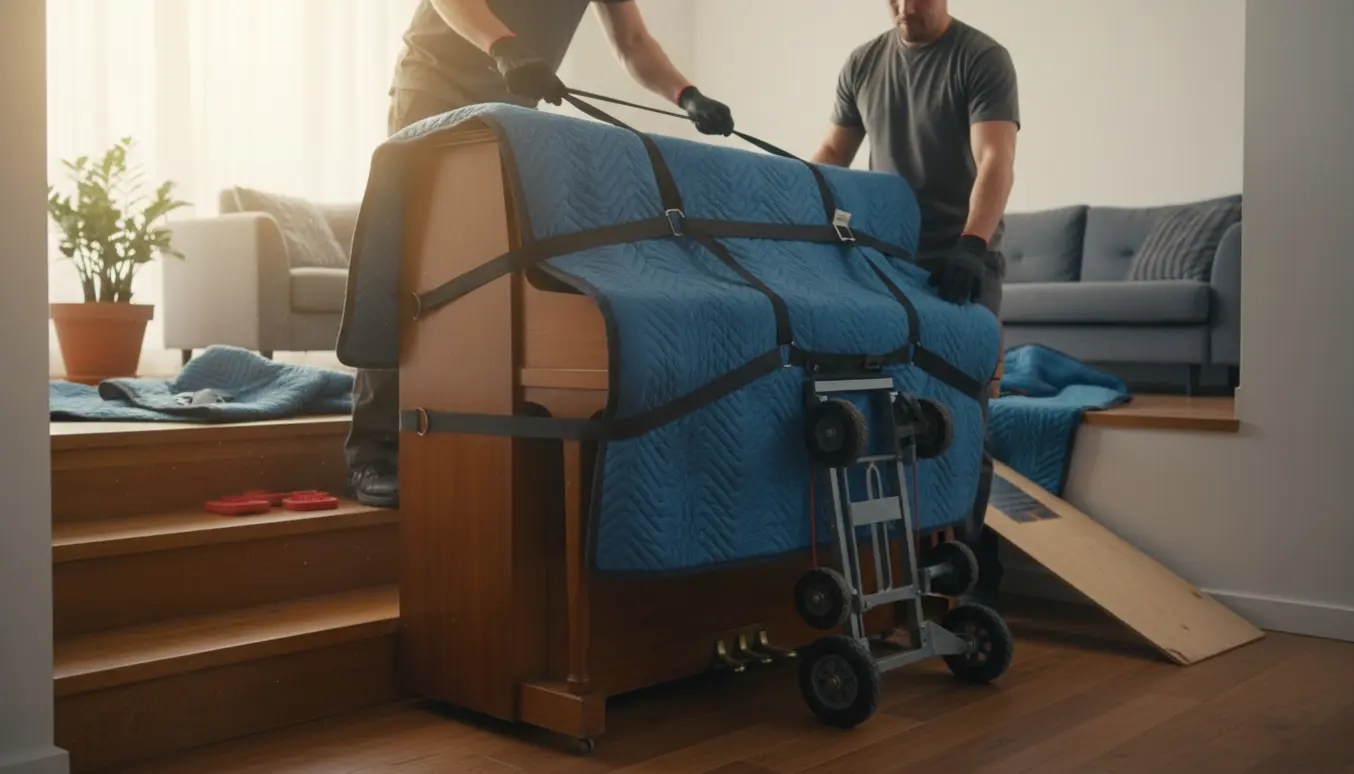 Et lille opretstående klaver forsigtigt båret ned ad en halv trappe i hjemmet, beskyttet med tæpper og remme.