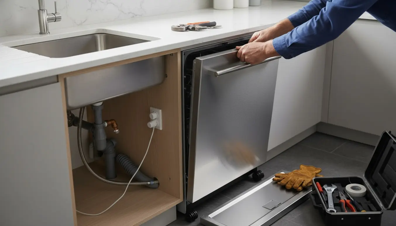 Åbent køkkenskab med opvaskemaskine delvist installeret, synlige vand- og eltilslutninger samt værktøj.