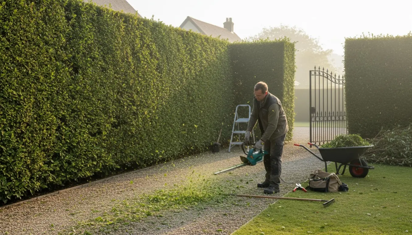 En håndværker uden synligt ansigt trimmer en lang hæk langs indkørslen, mens afklip samles i en trillebør gennem en åben port.