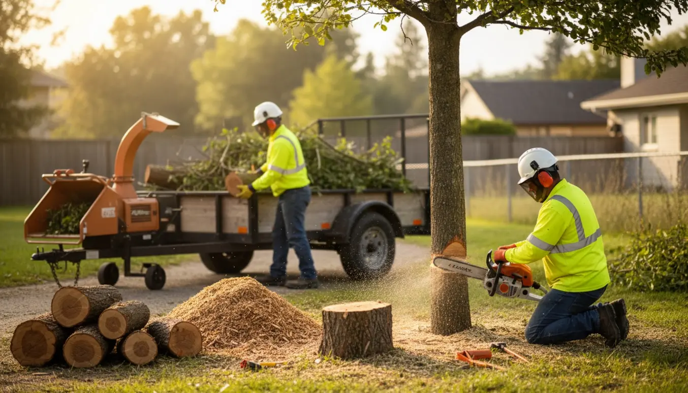 Fældning af et lille baghavetræ med motorsav, stumper stablet og træaffald klar til bortkørsel.