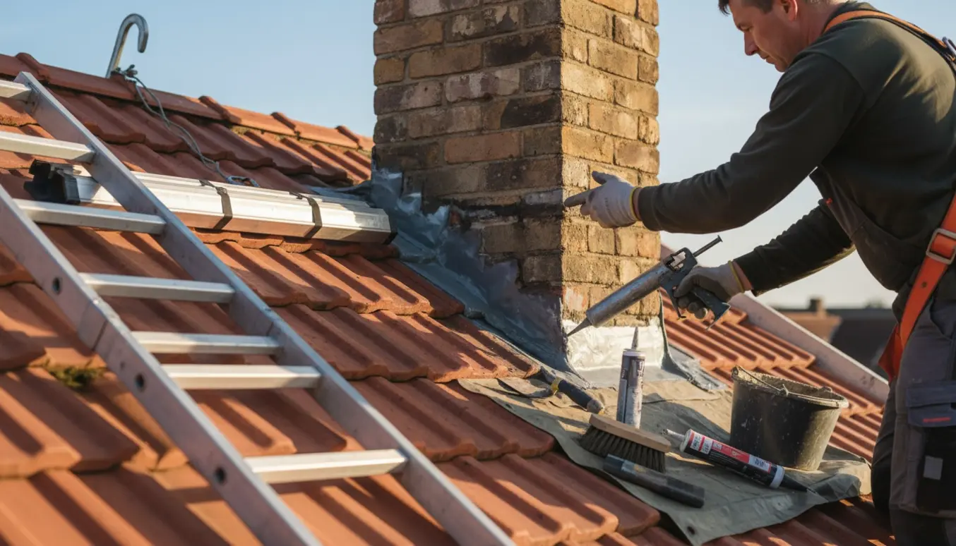 Hænder på en håndværker, der påfører fugemasse omkring en skorsten på et tegltag med tagtrin og værktøj i baggrunden.