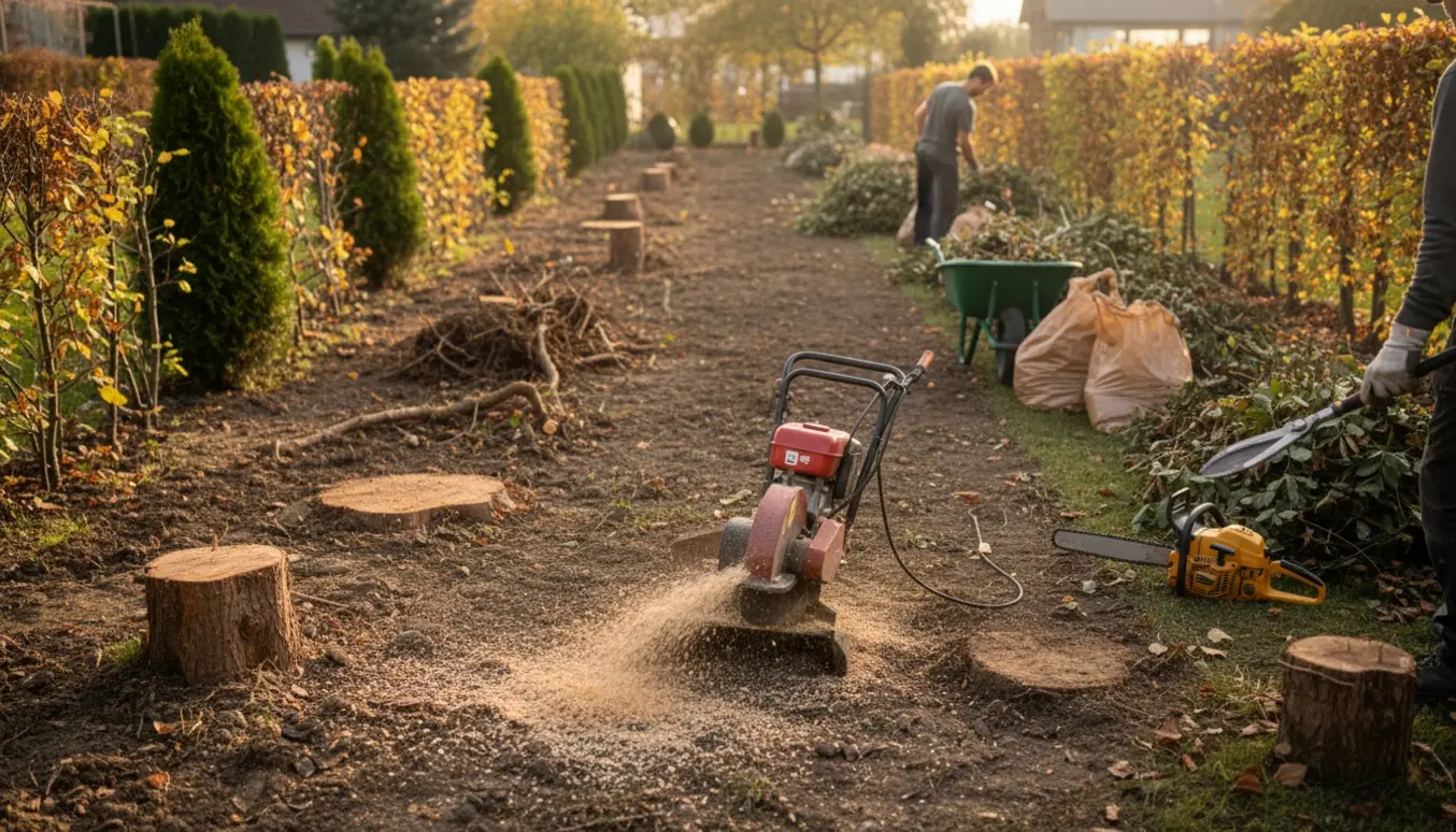 Stumpfræser i gang på en villahave med ryddede buske, afklippede grene og opsamlede stubbe.