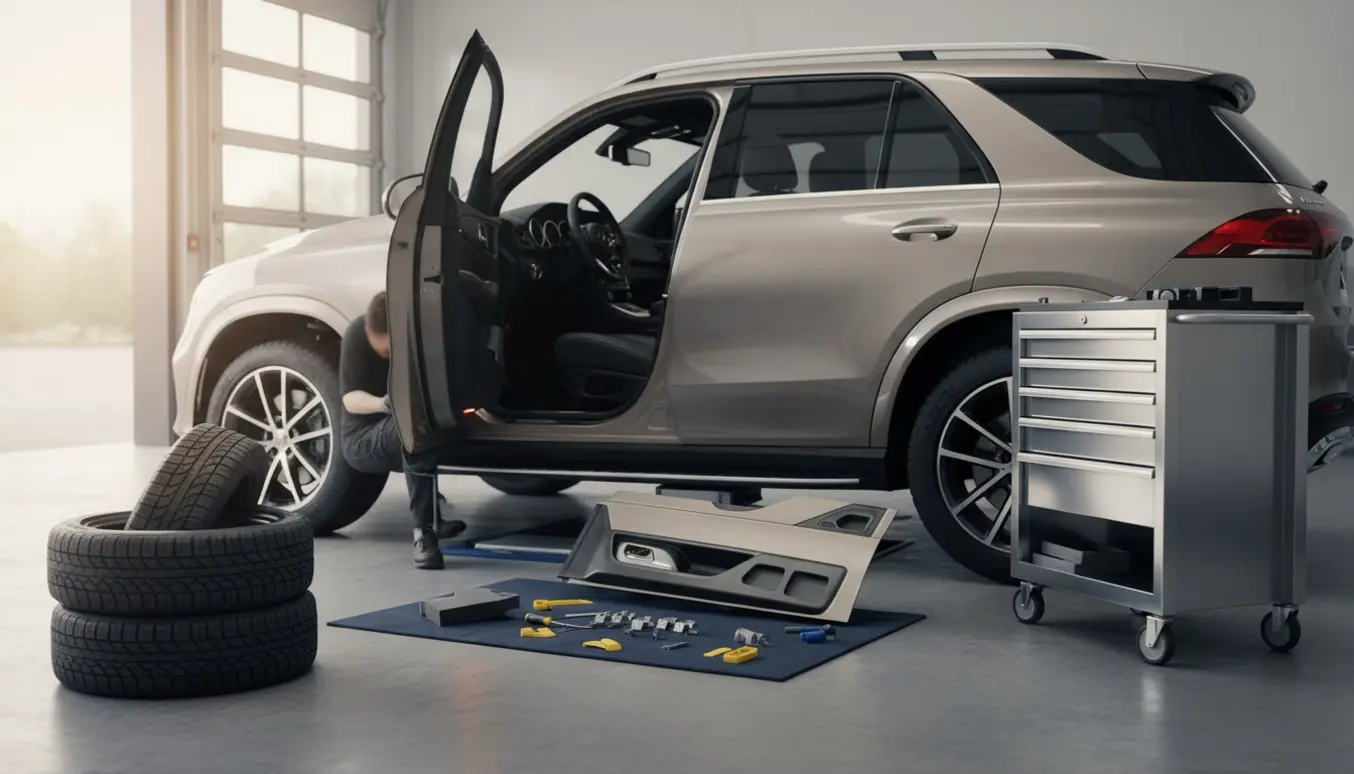 En mekaniker skifter dæk på en luksus-SUV mens dørbeklædninger ligger fjernet og organiseret i en ryddelig garage.