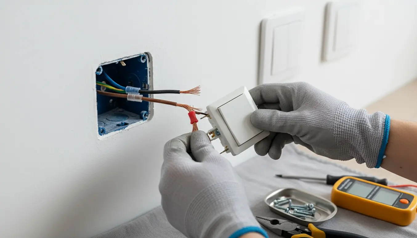 Nærbillede af handskerede hænder, der udskifter en vægkontakt med fire ledninger og kronemuffer i en åben installationsdåse.