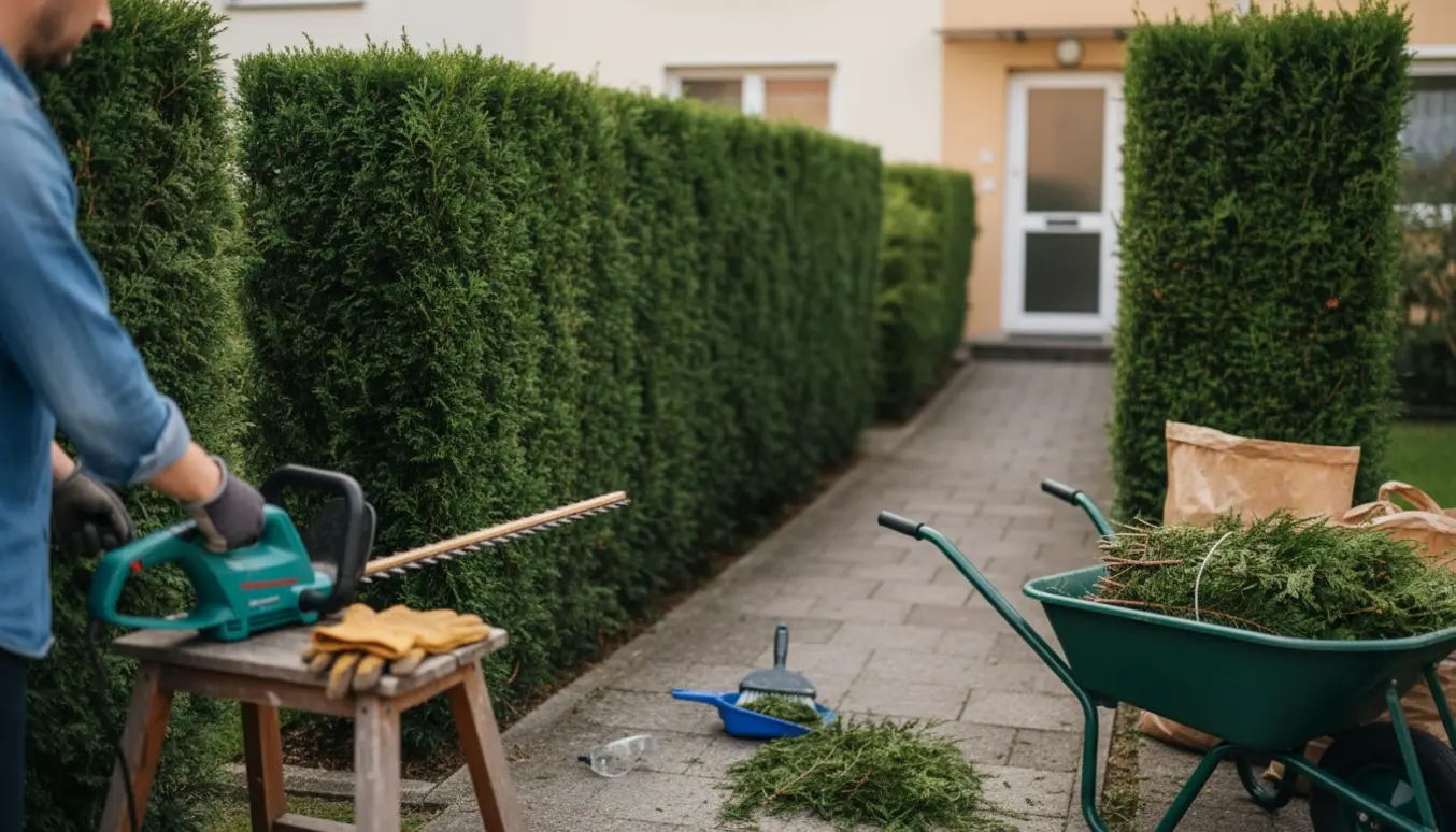 Nyskrevet thujahæk ved indgangen til et rækkehus med afklippede grene i en trillebør.