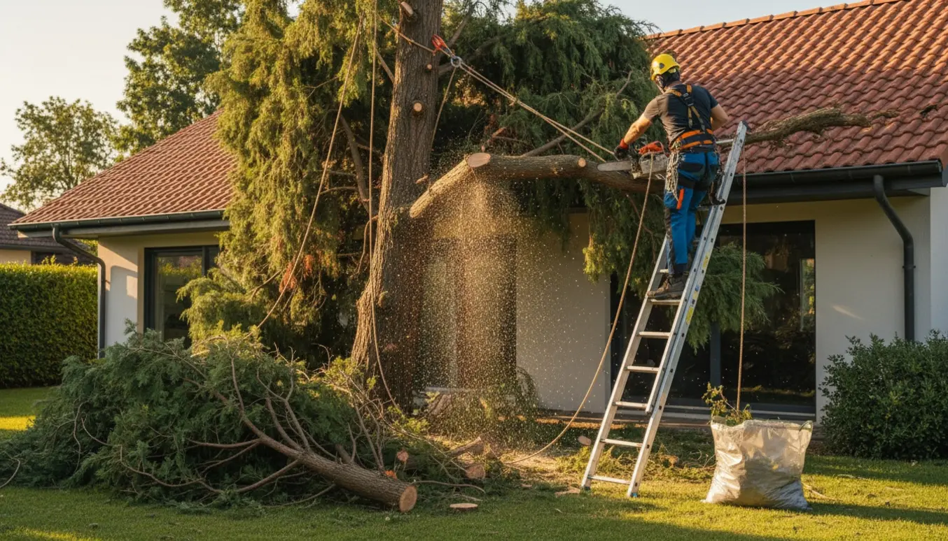 En arborist fælder en høj cypres tæt på et hus og sænker en gren forsigtigt væk fra taget.