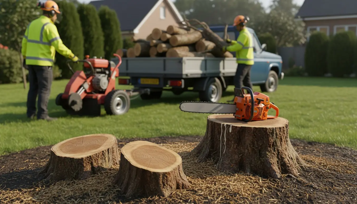 To små og ét større træ fældet til stubbe i en have med savsmuld, brænde og en motorsav.