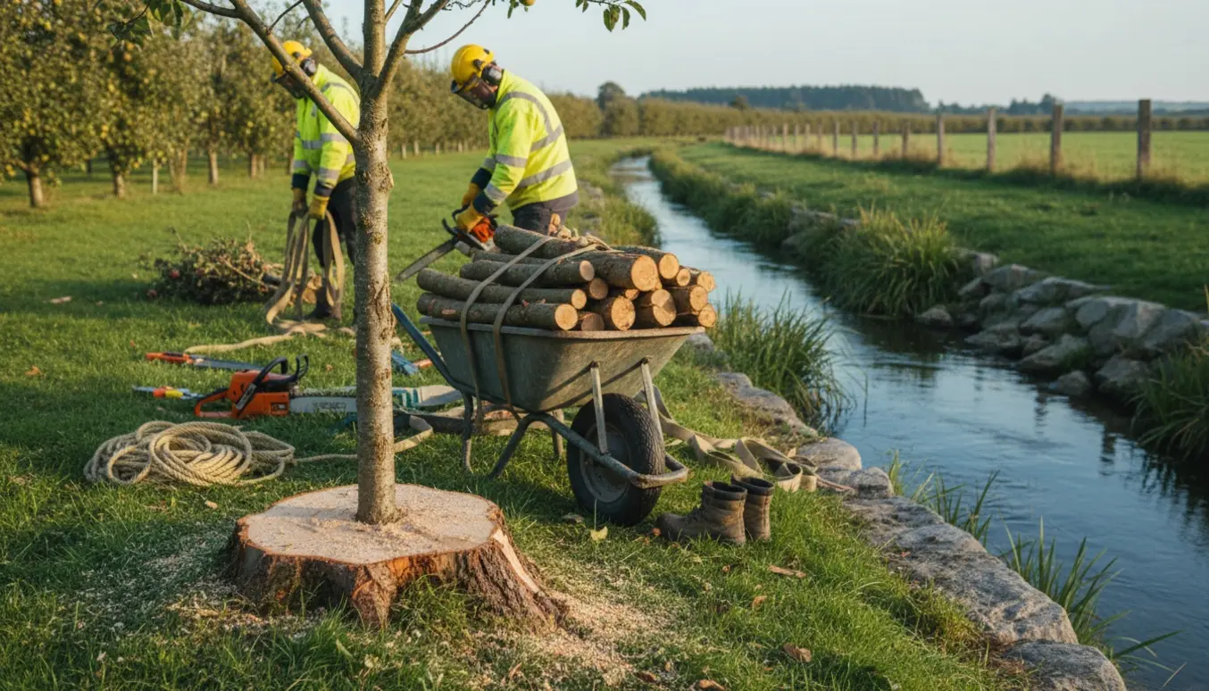 Fældet paradisæbletræ ved en bæk med stamme, grene og værktøj læsset på en vogn.