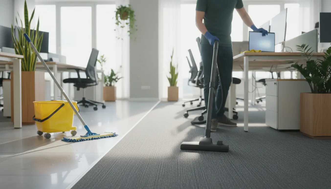 Rengøringsperson støvsuger og tørrer flader i et lyst, ryddeligt kontor på cirka 60 m².