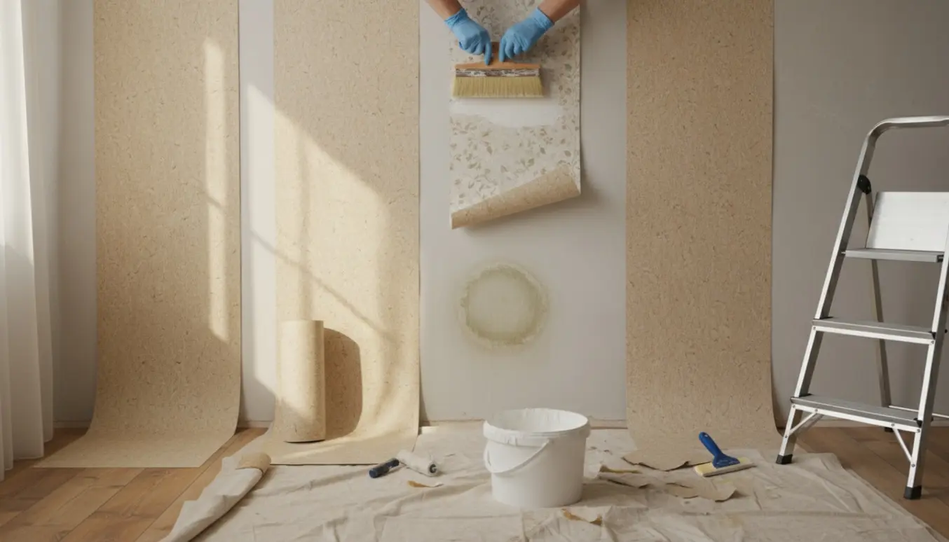 Savsmuldstapet bliver sat op på en væg med klister, børste og afrevet gammelt tapet i billedet.