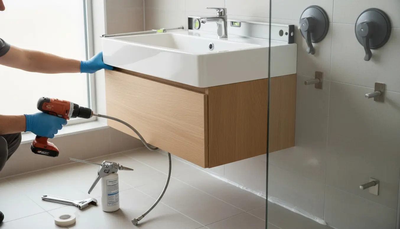 Installatør monterer nyt badeværelsesskab med hvid vask, kromarmatur og en lille glas brusevæg.