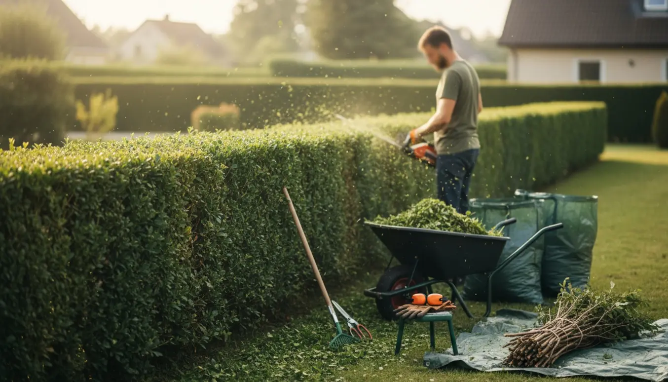 En havearbejder trimmer en hæk til cirka 80 cm med trillebør, skraldeposer og bundter klar til bortskaffelse.