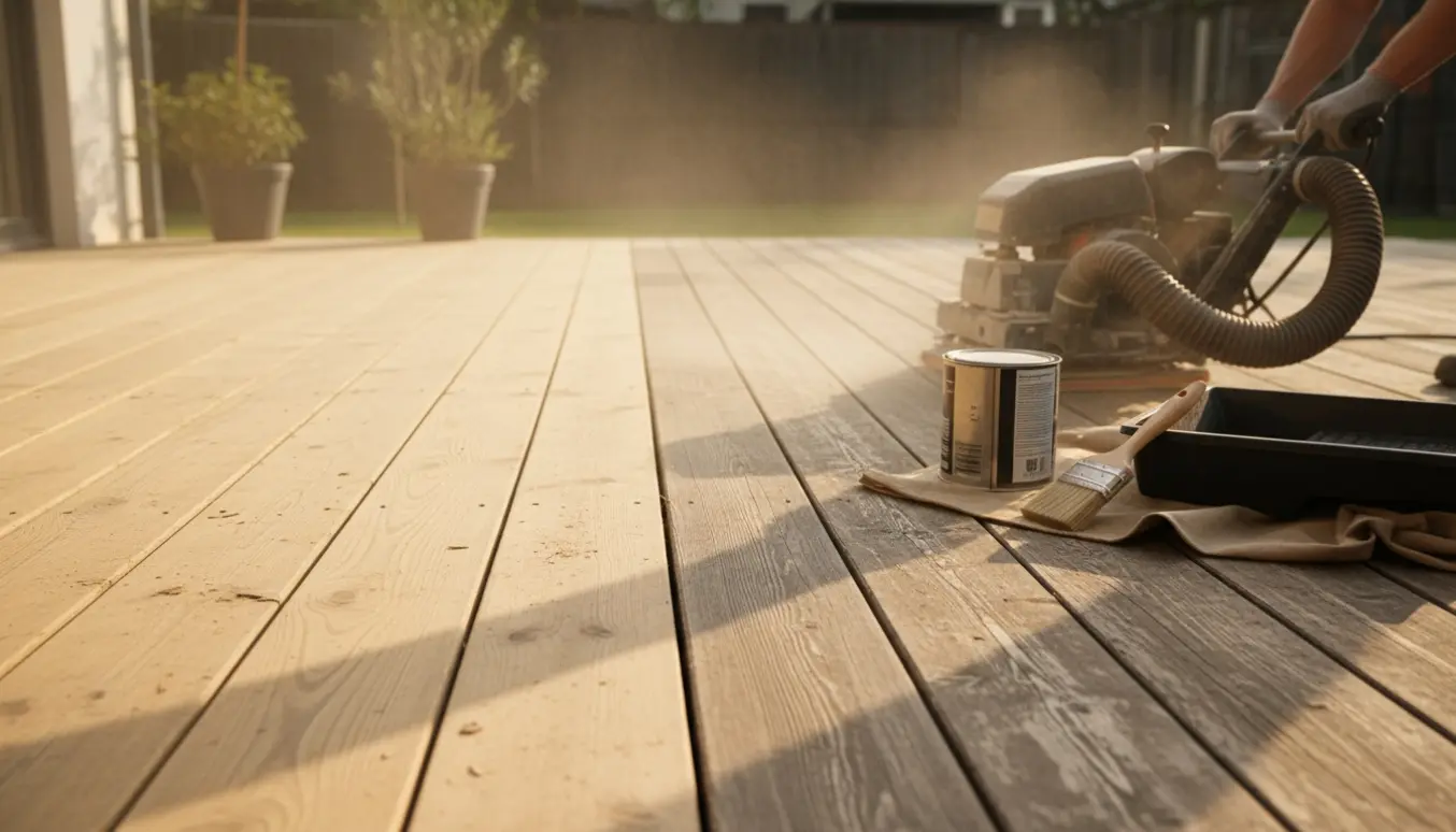 Nærbillede af en gulvsliber, der sliber en nyrenset træterrasse med olieudstyr ved siden af.