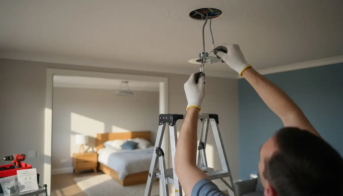 Nærbillede af montering af loftlampe i stuen med værktøj på en stige og et færdigmonteret loftlys i soveværelset i baggrunden.