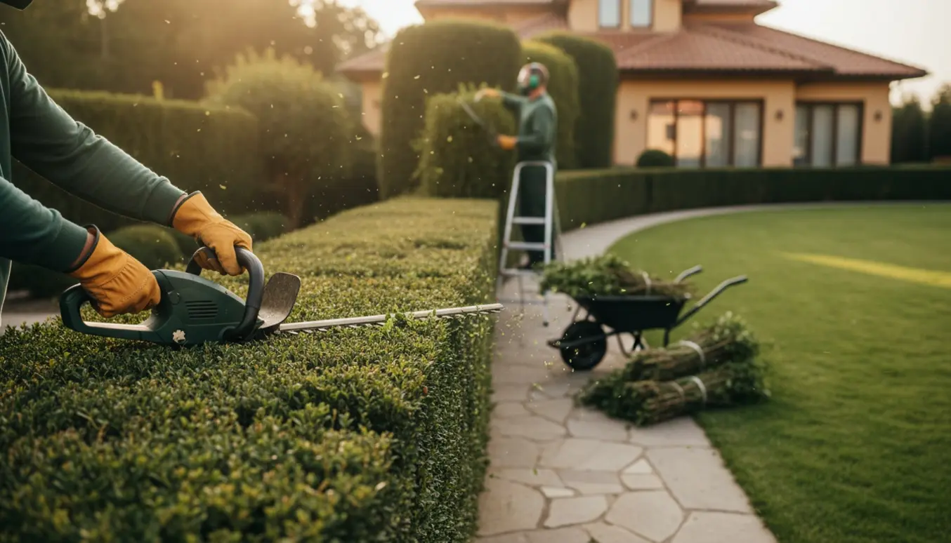 Stor havehæk klippes af en person set bagfra med hækkeklipper, stige og trillebør fyldt med afklip.