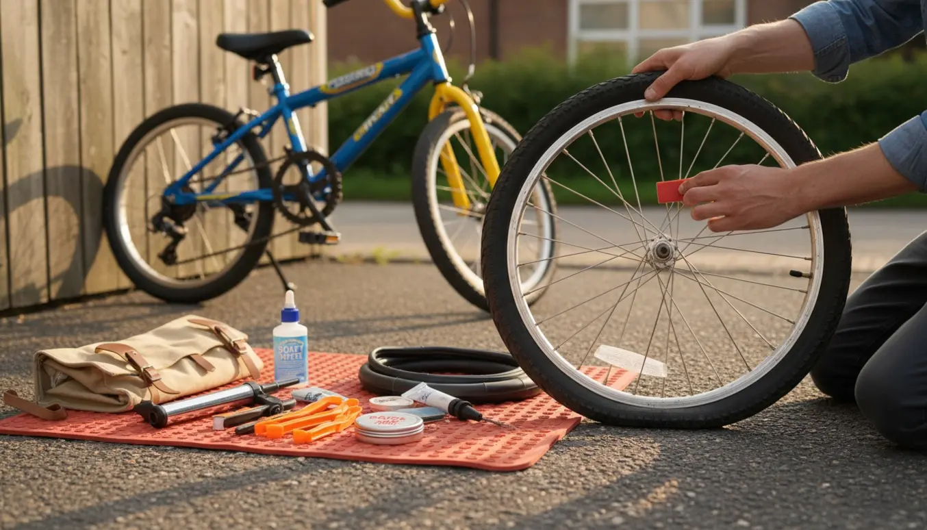 Hænder lapper et fladt forhjul på en børnecykel med lappegrej på indkørslen.